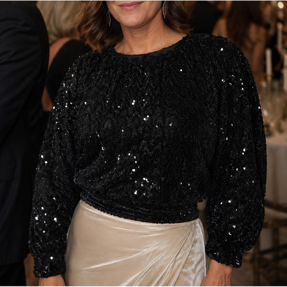 White House Black Market Dresses & Skirts - Large Black Sequin Evening Blouse Relaxed Fit Formal Top Balloon Sleeve Wedding
